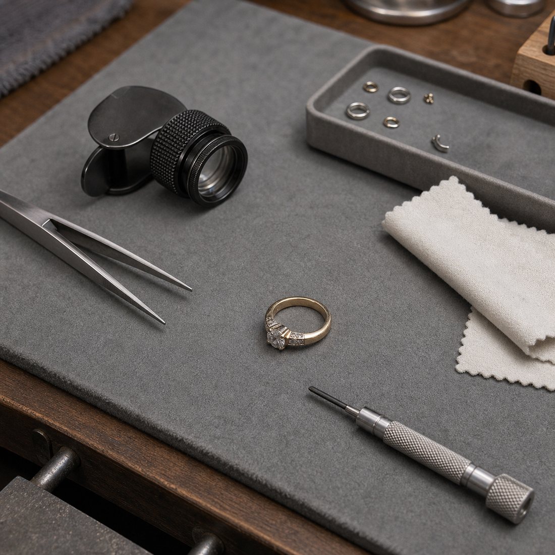 Jewelry repair tools and pieces on a work surface